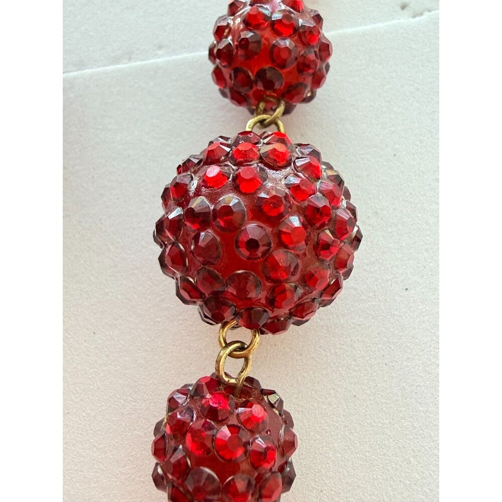 Vintage  Red Rhinestone Shamballa Ball Tassel Necklace & Earring Set - Picture 5 of 8
